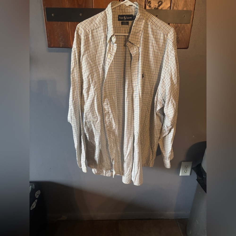 Ralph Lauren Shirt Mens XL Blake Long Sleeve Beige Navy Plaid w Logo